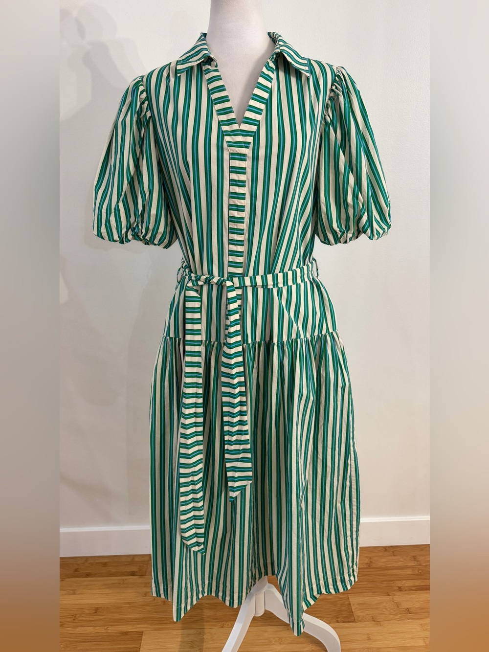PINCH Green Striped Cotton Midi Shirt Dress with Tie Belt
